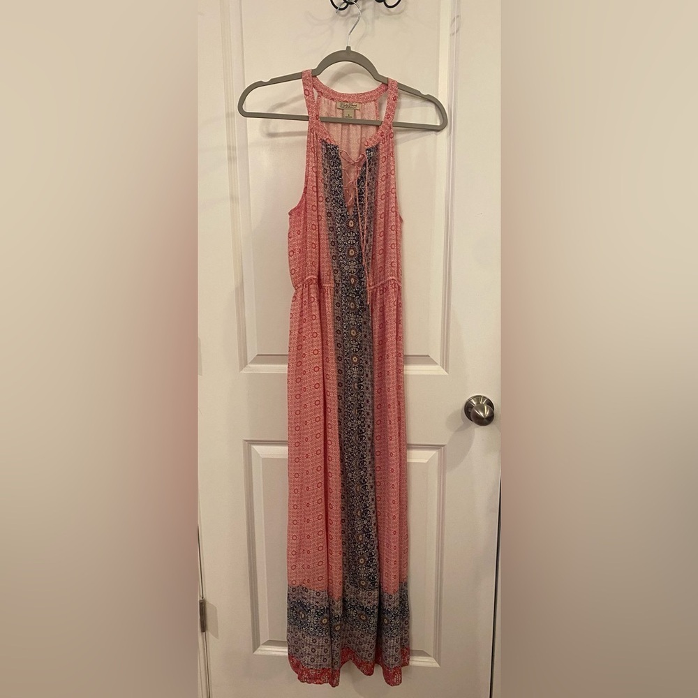 Lucky Brand Halter Maxi Dress Sz S Red/Blue/White Print Lace Up Chest